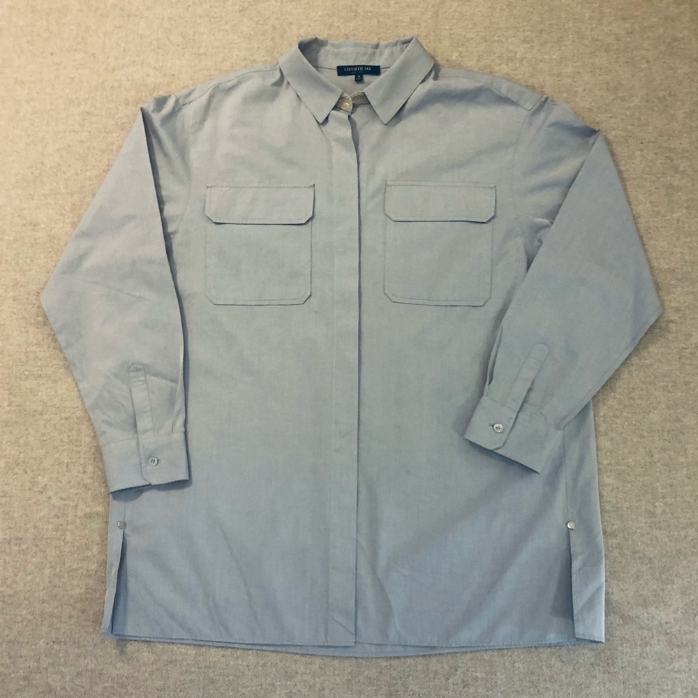 Lafayette 148 Women’s Everton Blue Button Down Shirt Glitter Collar medium
